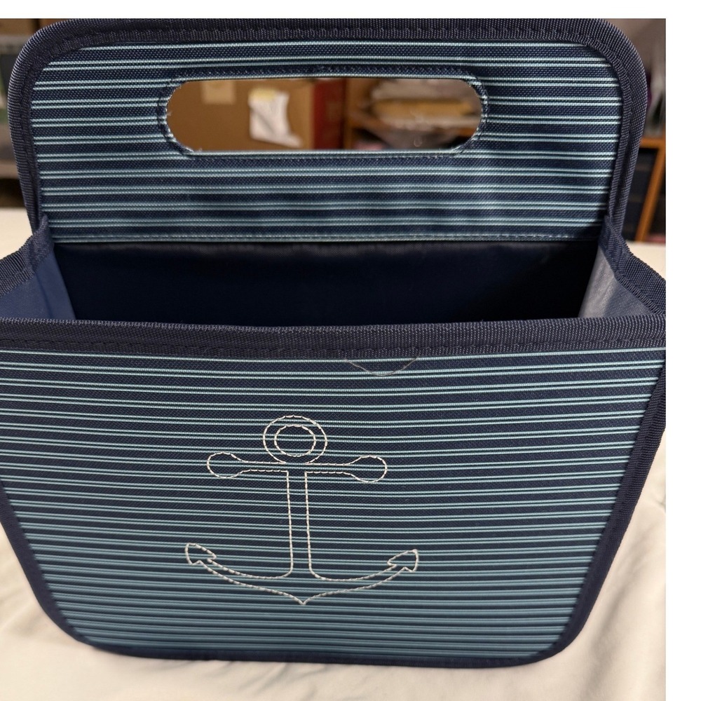 Thirty-One Double Duty Caddy Navy Blue Striped Anchor Nautical‎ Utility Tote Bag